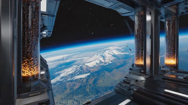 Stunning view of Earth from futuristic space station with glowing panels, representing science fiction, technology, exploration, innovation, cosmic research, advanced interstellar human imagination.