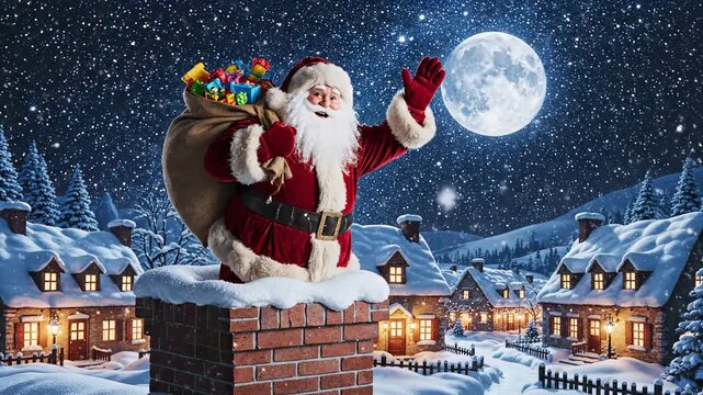 Dynamic moment Santa Claus descends chimney delivering vibrant presents under bright winter moonlit night