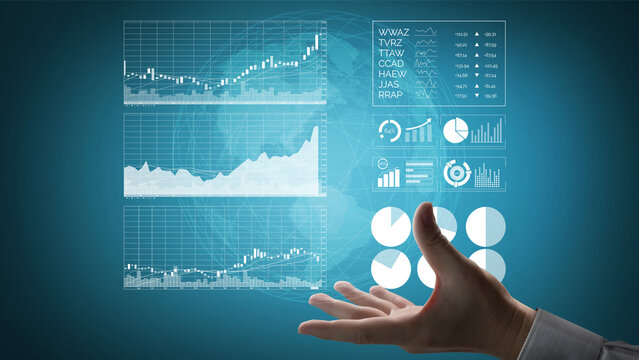 A hand reaches towards a digital display showcasing various data visualizations, including graphs and charts. This image represents modern business analytics and financial reporting. Impute