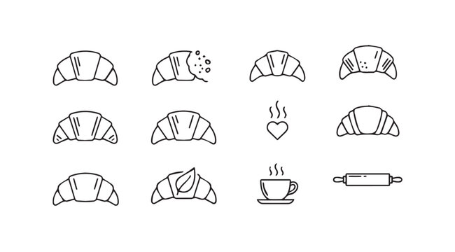 Collection of hand drawn croissant icons and baking elements for breakfast cafe menu design vector