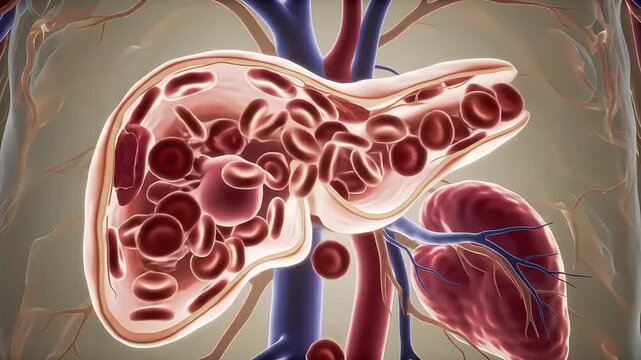 medical 3D animation of spleen filtering blood cells, soft internal glow.