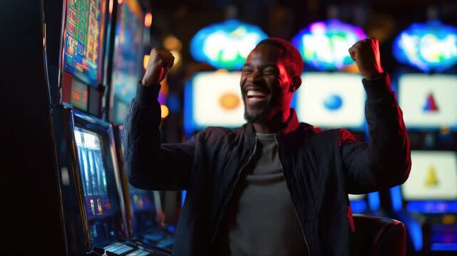 African American man celebrates victory at a slot machine, showing excitement and joy, with colorful lights illuminating the gaming area, camera follows action