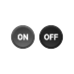 Halftone dotted illustration of round ON and OFF buttons in black and white. Minimalist digital icon set for interface, control, switch, or technology design.