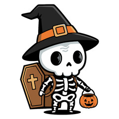 Cute Skeleton Trick-or-Treater with Coffin Backpack