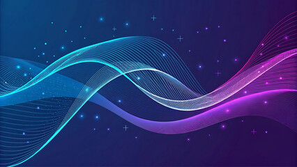 Abstract digital waves of blue and purple particles flowing