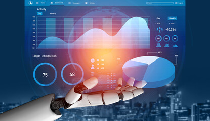 A futuristic robotic hand presents a digital interface showcasing vibrant data visualizations, including graphs and metrics, emphasizing technology and innovation. Impute