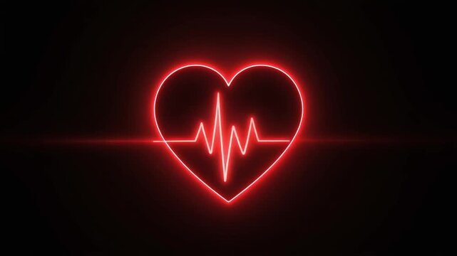 Red neon glowing heart silhouette with a soft pulsing animation and an EKG heart rate monitor line across a black background, representing love, health, and technology in a 4K loop video