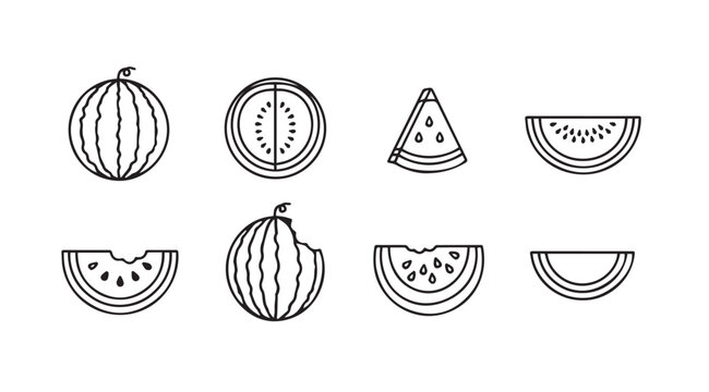 Set of hand-drawn watermelon elements fresh fruit slices whole and bite-taken iconography vector