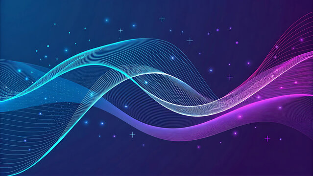 Abstract digital waves of blue and purple particles flowing
