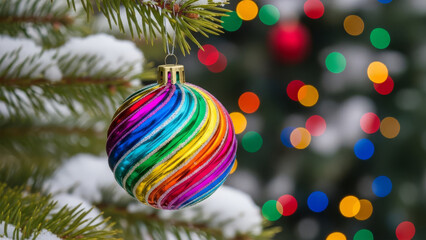 Colorful Rainbow Christmas Ornament Hanging on Snowy Tree Branch