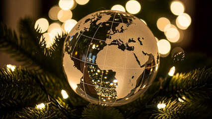 Glass Globe on Christmas Tree with Bokeh Lights, Global Holiday Concept