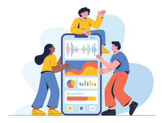 Team of people collaborating on a mobile app interface design