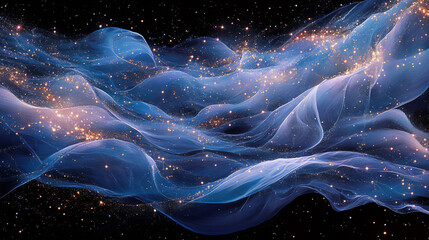 Luxurious abstract celestial background with blue and purple silk fabric texture. Magical galaxy design featuring golden glitter stars and flowing waves for creative wallpapers