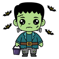 Cute Chibi Frankenstein Monster with Trick-or-Treat Bucket and Bats