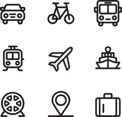 Transportation and Travel Outline Icon Set – Car, Bicycle, Bus, Train, Airplane, Ship, Hamster Wheel, and Suitcase Vector