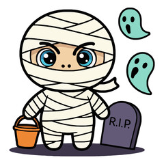 Cute Mummy Trick-or-Treater with Ghosts and Tombstone