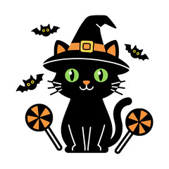 Cute Halloween Witch Cat with Bats and Lollipops