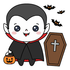 Cute Cartoon Vampire Kid with Pumpkin and Coffin for Halloween