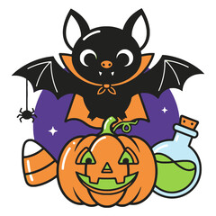 Cute Halloween Bat and Pumpkin with Spooky Treats