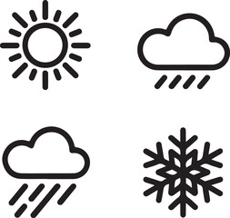 Weather Outline Icon Set – Sun, Rain Cloud, Snow Cloud, and Snowflake Vector