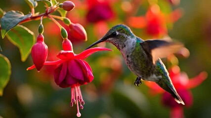 Ruby throated Hummingbird Sips Nectar from Vibrant Red Fuchsia Flower Pollinating in a Lush Garden