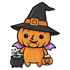 Cute Halloween Pumpkin Witch with Cauldron and Bat Wings