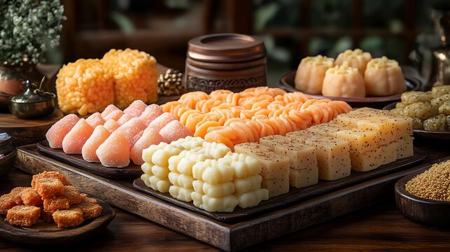 Raksha Bandhan celebration table adorned with rakhi threads a plate of sweets like kaju katli and peda along with tilak essentials and a gift box
