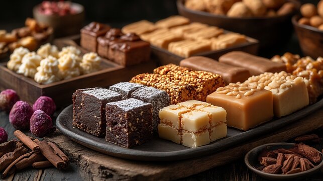 Raksha Bandhan celebration table adorned with rakhi threads a plate of sweets like kaju katli and peda along with tilak essentials and a gift box