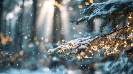 Magical winter forest scene with snow falling on frosted pine branches adorned with warm glowing fairy lights
