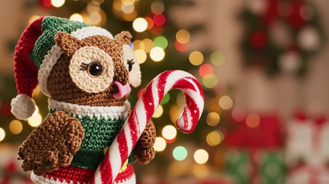 Amigurumi owl in santa hat with candy cane. Handcrafted knitted christmas toy with festive bokeh background. Holiday craft.