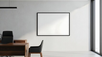 interior wall mockup of a modern executive office with a textured white wall, a wooden desk, and a horizontal blank frame.