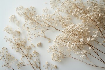Delicate dried gypsophila twigs with tiny white flowers on thin stems. Soft texture and airy composition on a white background. AI generated.
