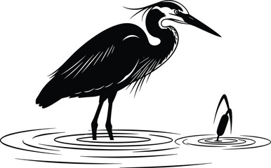 Black and White Heron Vector Silhouette, Wading Bird Hunting Fish in Water Ripples, Stylized Wildlife Graphic Illustration, Isolated Design Element for Logo or Print.