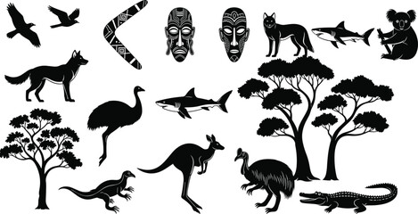 Extensive Black and White Vector Collection of Australian Wildlife and Aboriginal Culture Icons, Featuring Animals, Trees, Boomerang, and Traditional Masks, Ideal for Travel and Nature.