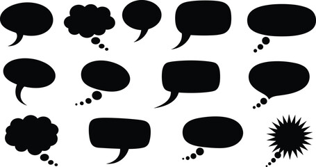 Large Collection of Black Vector Silhouette Speech and Thought Bubbles in Oval and Round Shapes, Perfect for Conversation, Comic Books, and Communication Design Elements.