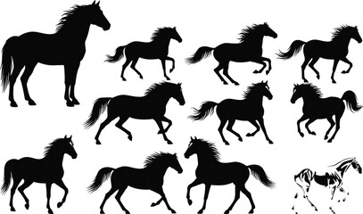Running Horse Silhouettes Vector Set Majestic Mustang and Stallion Poses for Equestrian Sports, Nature, and Wildlife Design