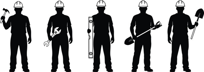 Set of Construction Worker Silhouettes Holding Job Tools like Hammer, Wrench, Level, and Shovels Representing Skilled Labor Force