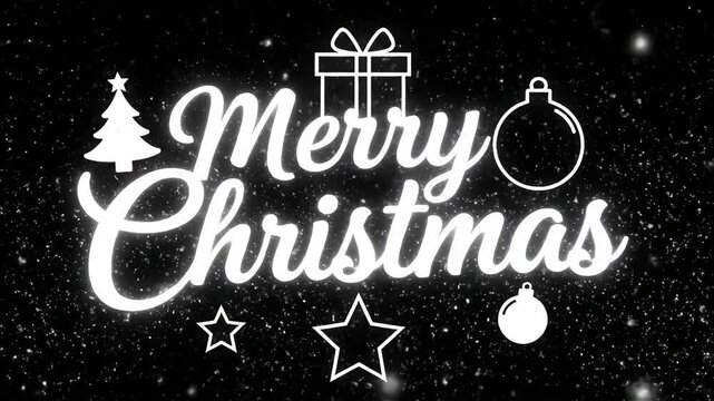 Stunning glowing white Merry Christmas title animation with falling snow and gift icon perfect for holiday greetings