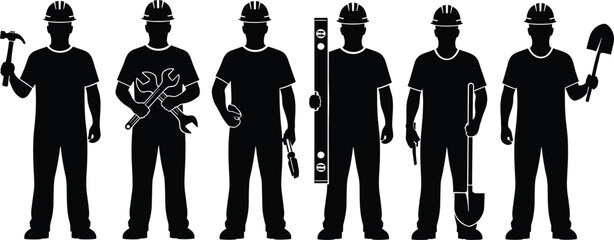 Vector Silhouette Set of Six Construction Workers Holding Various Tools Like Hammer, Wrench, Level, and Shovels for Labor Force