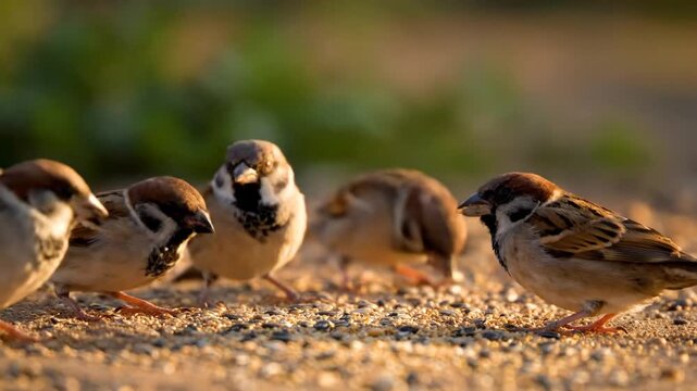 Flock of House Sparrows Foraging on the Ground in Golden Sunlight Group of Wild Birds Eating Outdoors Urban Wildlife and Nature Photography
