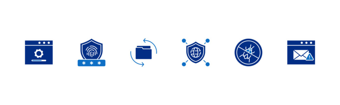 Cyber Hygiene Steps icon set containing software update, MFA, data backup, secure network, use antivirus and beware of suspicious link vector icons