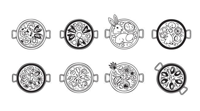 Overhead view line art collection of eight delicious meals in pots and pans vector