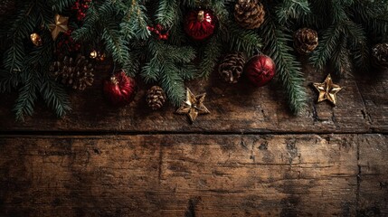 Rustic wooden background decorated with a lush christmas tree garland featuring pine cones and red ornaments