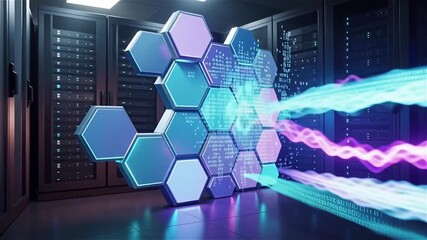 Dynamic data flow emanating from an advanced hexagonal network within a high-tech server room, illustrating modern computing architecture and digital information processing - Powered by Adobe