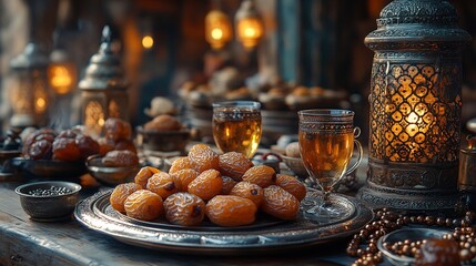 Obraz premium Ramadan iftar setup with premium Middle Eastern dates on a silver tray surrounded by prayer beads lanterns and tea glasses capturing the essence of fasting and spiritual reflection