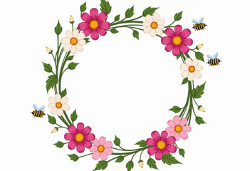 Fototapeta premium Intricate Floral Wreath Design Featuring Colorful Blossoms and Bees Set Against a Clean White Background for Natural and Artistic Projects