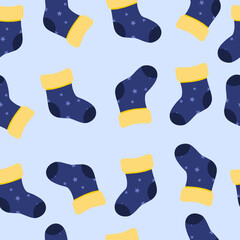 Dark blue sock with little star seamless pattern. Cute baby sock cartoon. Can be used for wallpaper, paper wrapping, kid decoration and fashion fabric