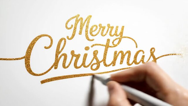 Hand drawing merry christmas in gold glitter calligraphy on white background with marker pen merry christmas