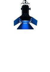 Obraz premium black heavy-duty fresnel spotlight casting a saturated deep blue collimated beam onto a transparent studio floor with copy space, cinematic lighting, concept of intense focus and isolation