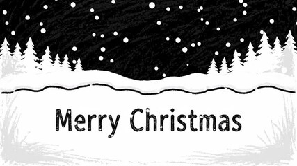 Black and white winter landscape with snow falling over pine trees and merry christmas text in a chalkboard or sketch style merry christmas